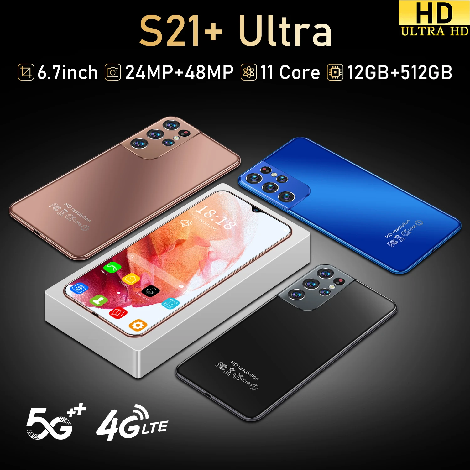 

Global Version 6.7" Galay S21+ Ultra 5G Phone 12GB+512GB MTK6889 Android 6500mAh Big Battery Cellphone Face ID Newest Smartphone