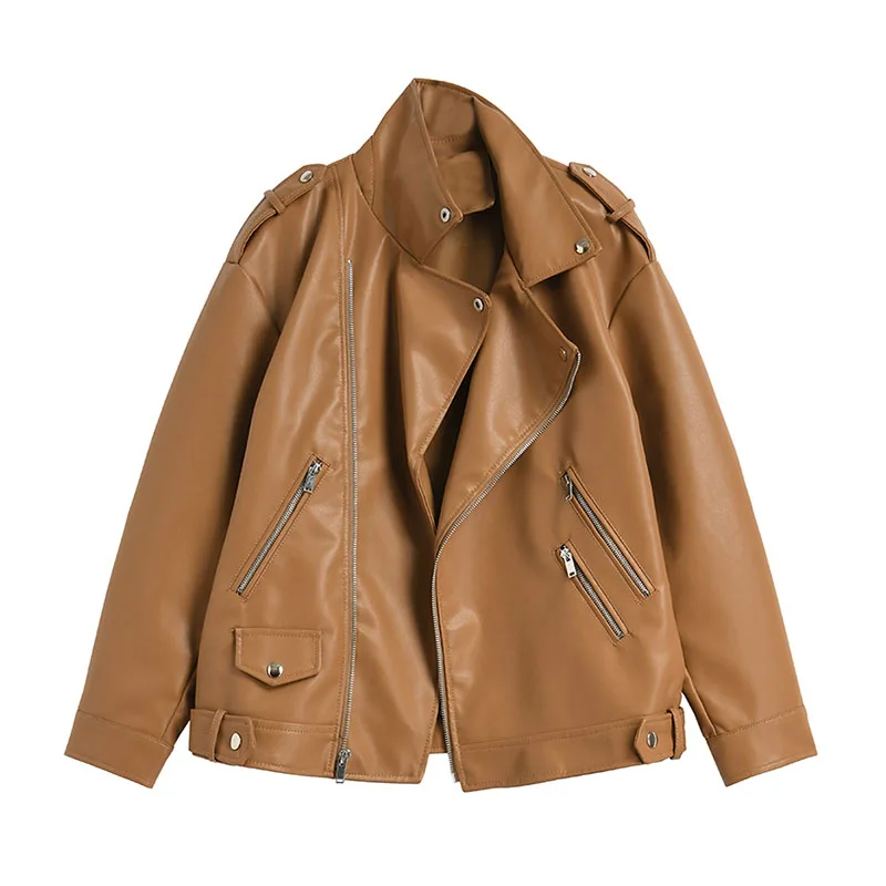 

Beige Faux PU Leather Jacket Women Loose Short Motorcycle Biker Leather Coat 2021 Autumn Long sleeve Casual Chaqueta mujer