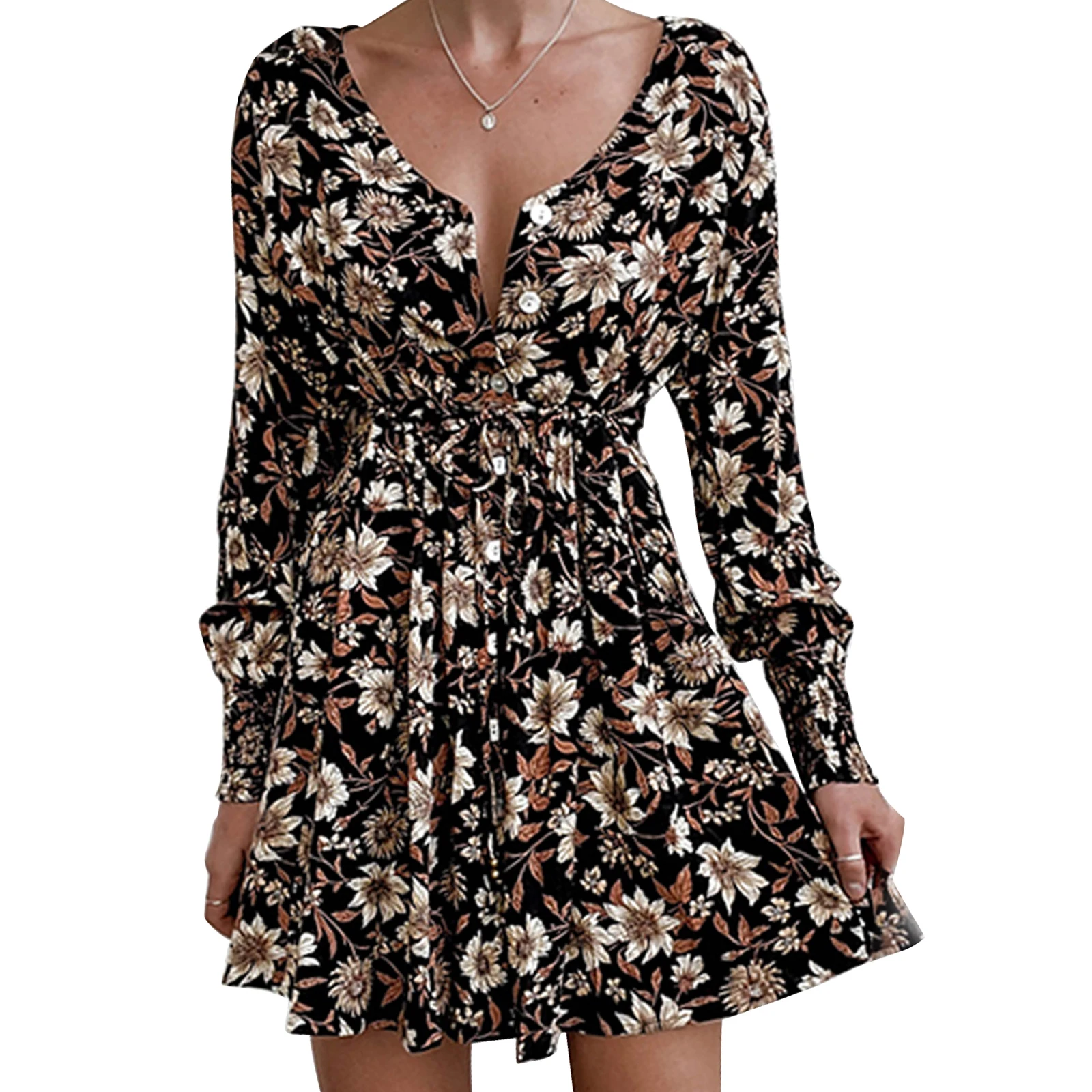 

Women\u2019s Casual Long Sleeve Dress Vintage Printing Single-breasted High Waist Short Dress