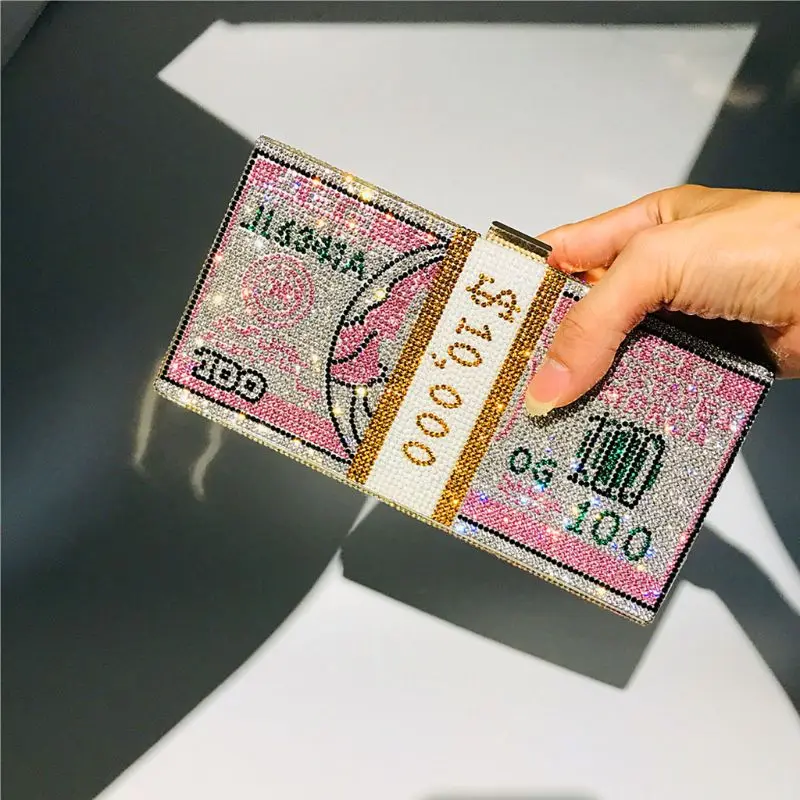 

Money Clutch Rhinestone Purse 10000 Dollars Stack of Cash Evening Handbags Shoulder Wedding Dinner Bag 8 Color