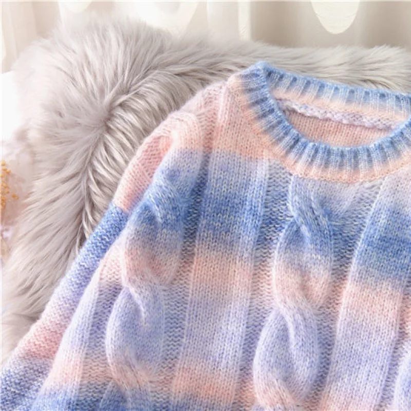 

Women clothes Knitted woman sweaters Pullovers spring Autumn Rainbow Tie Dye Loose Long-Sleeved O-Neck Striped Women Tops mujer