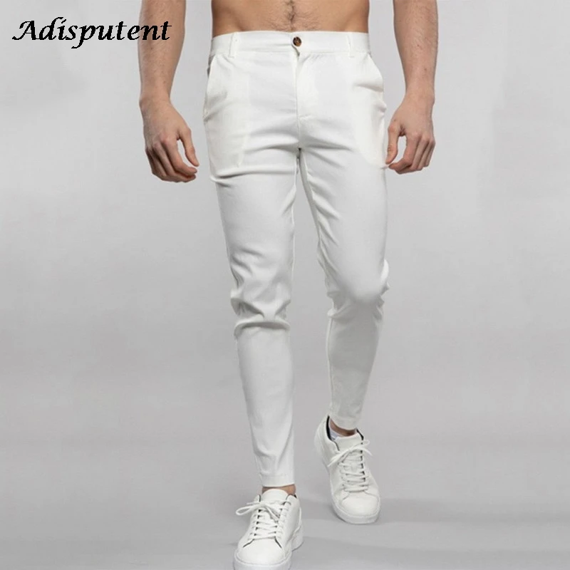 

Adisputent Casual Men Pants Cotton Slim Pant Straight Trousers Fashion Business Solid Color White Black Pants Men Street Wear