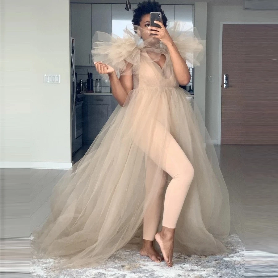 

Trend See Thru Long Tulle khaki Maternity Dresses A-line Women Dresses Outfit Photography Baby Shower Long Mesh Robe