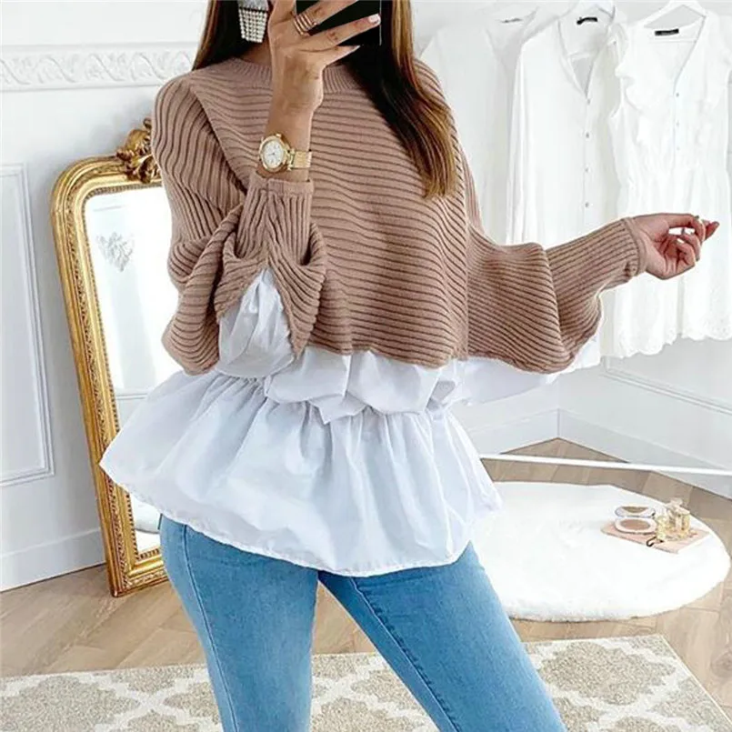 Women's Ruffled Stitching Sleeve Round Neck Long Sweater Top #4n07 |