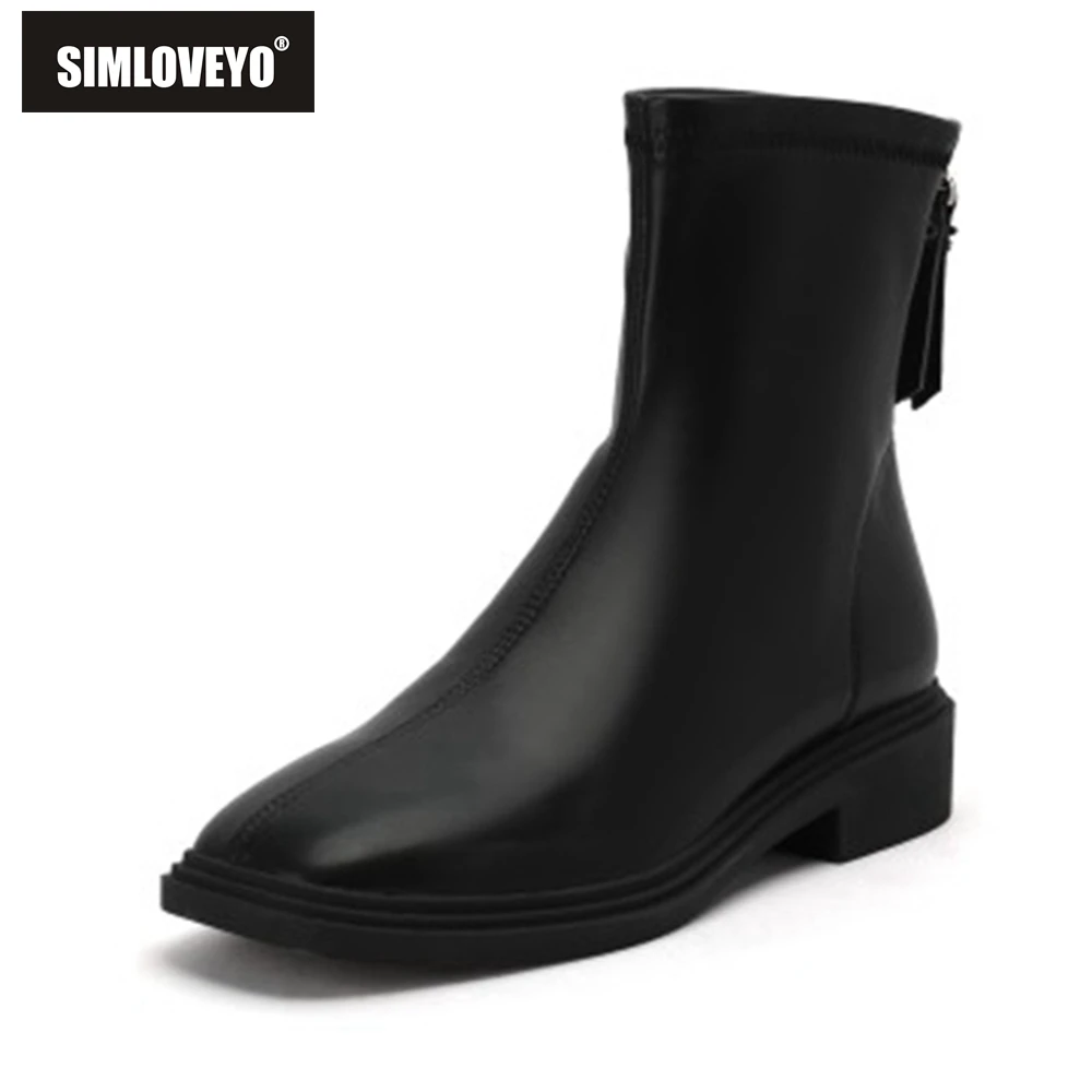 

SIMLOVEYO Women Shoes Boots Ankle 2021 Autumn British Wind Genuine Leather Thick With Fur Ladies Short Boots Motorcycle Zipper
