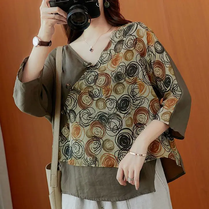 Vintage Ethnic Blouse Shirt Stitch Summer Clothes For Women Plus size Ladies Tops Tunic 3/4 Sleeve Loose Casual V neck