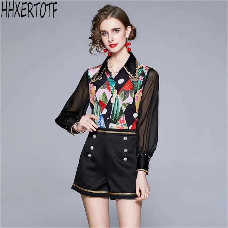 

Женский комплект из двух предметов, элегантная рубашка в горошек с длинным рукавом, отложным воротником и винтажные шорты с высокой талией, ...