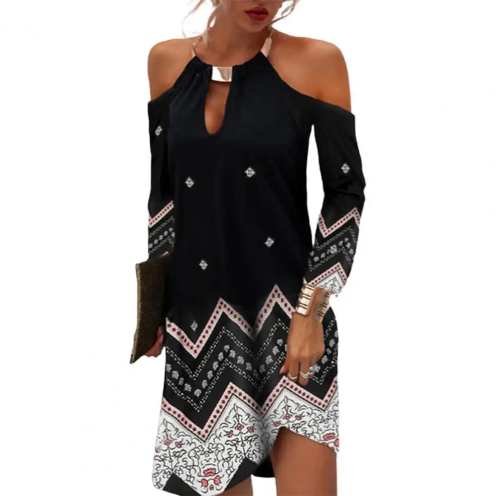 

Женское платье большого размера, сексуальные с лямкой на шее Цветочный принт просвечивающий со спущенным плечом и асимметричным подолом ми...