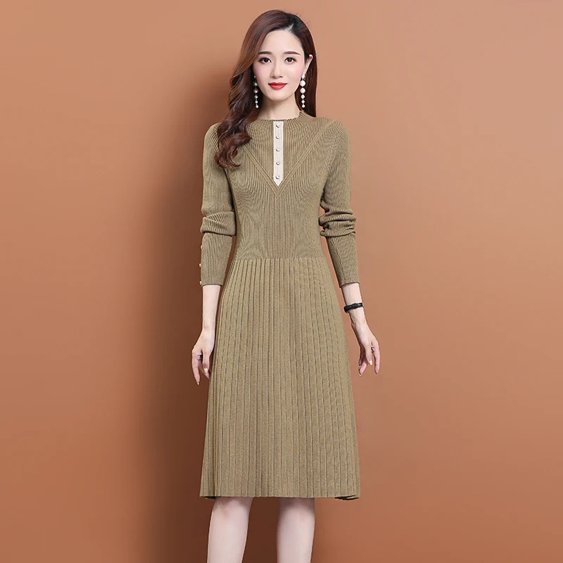 Женское трикотажное платье свитер эластичное с длинным рукавом и высоким