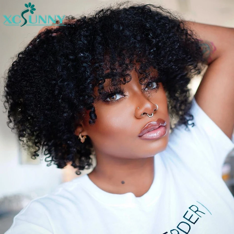 Афро кудрявый вьющийся парик парики из человеческих волос с челкой 200 плотность