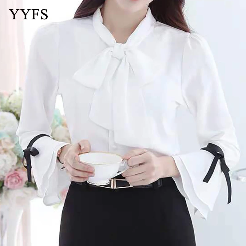 Новинка 2019 женская одежда с бантом Весенняя шифоновая блузка длинными рукавами