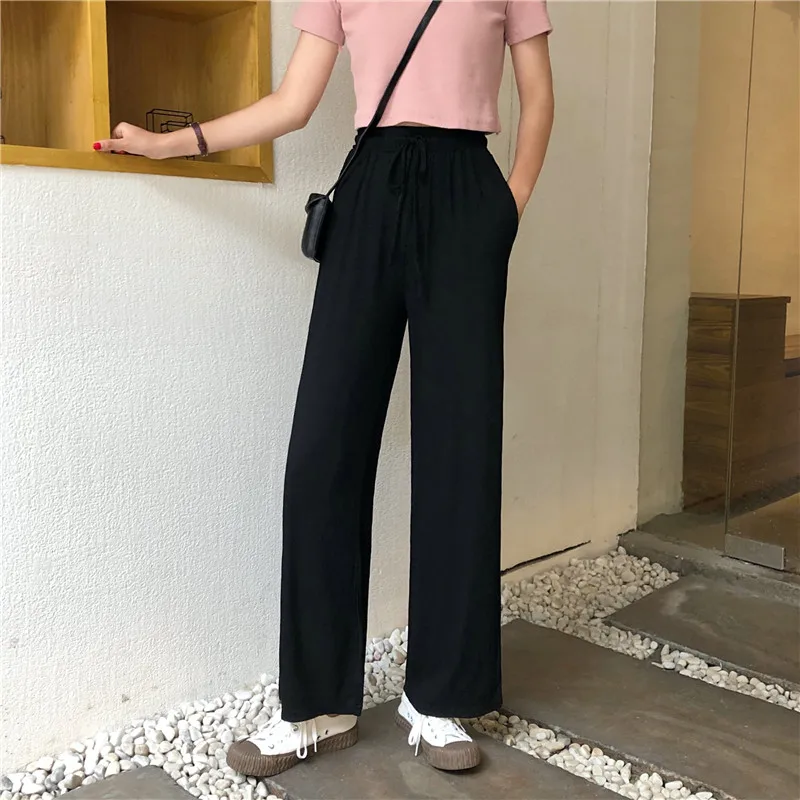 

pleated drawstring casual Spring and autumn sweatpants black straight high quality Korean style Women's Clothing fashion Pants
