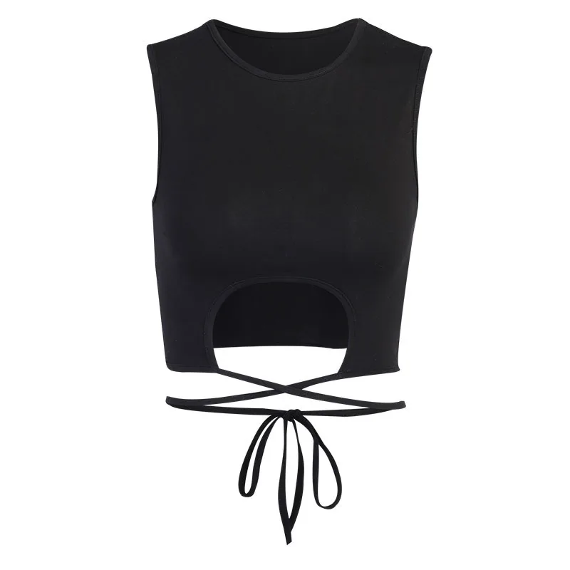 

2021 Sexy Bandage Lace Up Sleeveless Short T-shirts Tees Tops Women Crop Top Fashion Hollow Out Streetwear Cropped Shirts Blusas