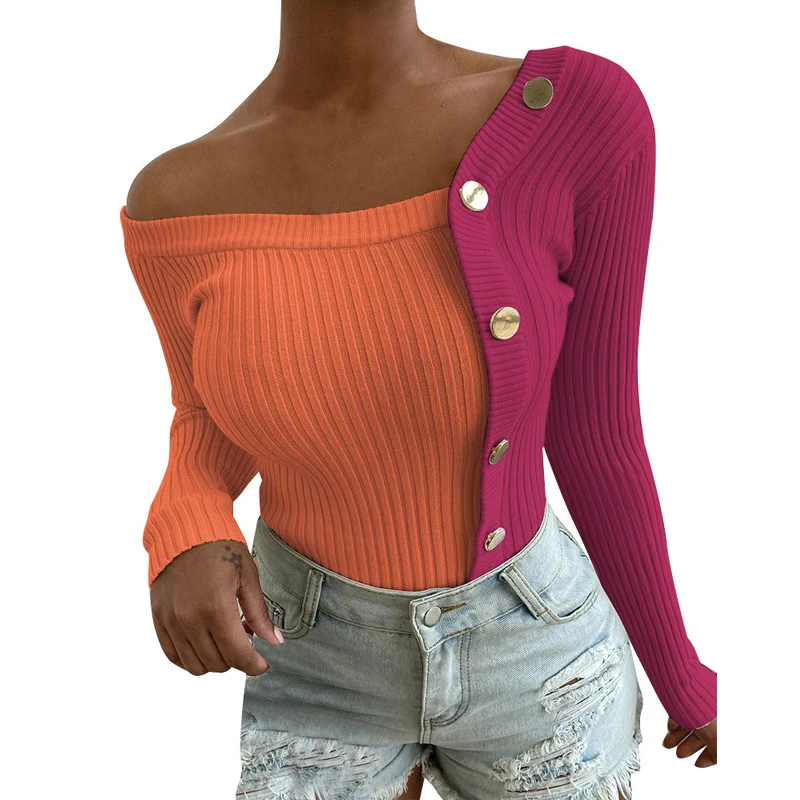 

Women Contrast Color Stitching Long Sleeve Sweaters Autumn Casual Off Shoulder Button Decor Slim Elegant Knitted Pullover Female