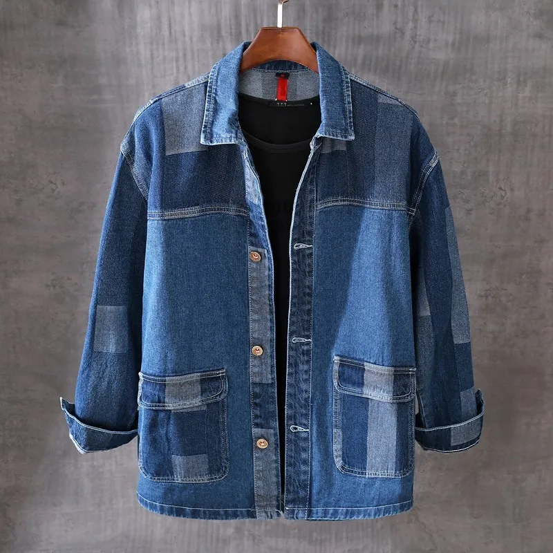 Thin Section Long Sleeve Tops Autumn Mens Denim Shirt Japanese Vintage Single Breasted Panelled Colors Loose Fit Casual Shirts