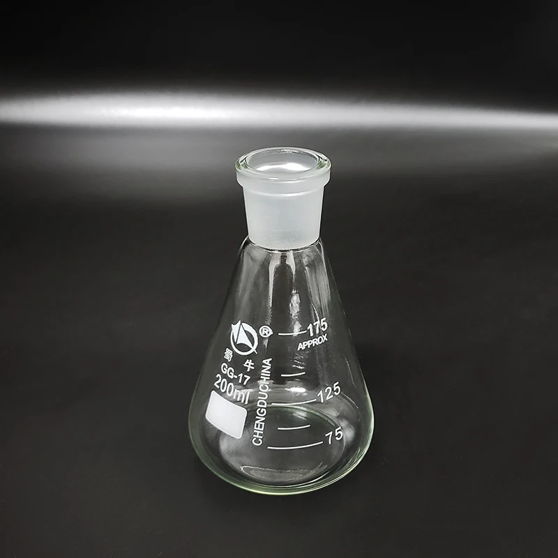 Conical flask with standard ground-in mouth,Capacity 200ml,Tick mark to 175ml, joint 24/29,Erlenmeyer flask with tick mark