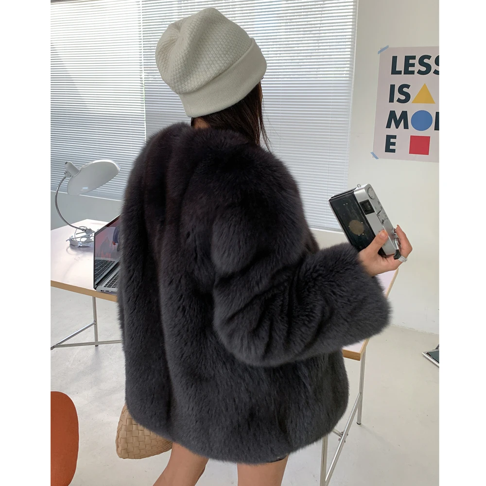 Mid-length Women Real Fox Fur Coat V-neck Dark Grey Natural Whole Skin Genuine Fox Fur Jacket Thick Warm Fur Overcoats Luxury