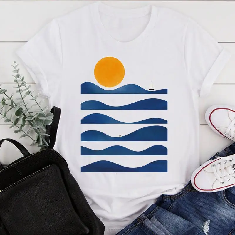 

Футболка женская с коротким рукавом, топ с графическим принтом, модная рубашка с мультяшным принтом гор, реки 90-х, модная одежда