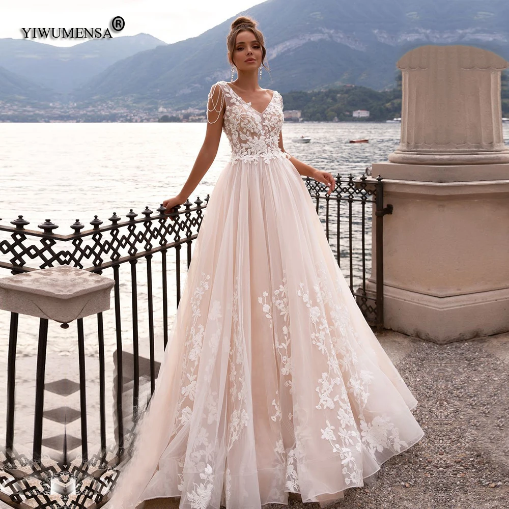 

Vestidos De Noiva Puffy Tulle Sexy V Neck Backless Romantic Beach Wedding Dress Boho Lace Appliques Crystals Pearls Bridal Gown