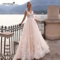 vestidos de noiva puffy tulle sexy v neck backless romantic beach wedding dress boho lace appliques crystals pearls bridal gown
