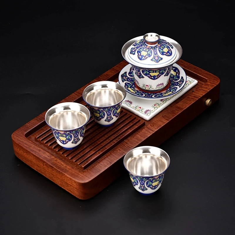 

999 silver Chinese gift Silver Tea set Gaiwan/pot cups Rosewood tea tray Pure silver plating office travel teaset