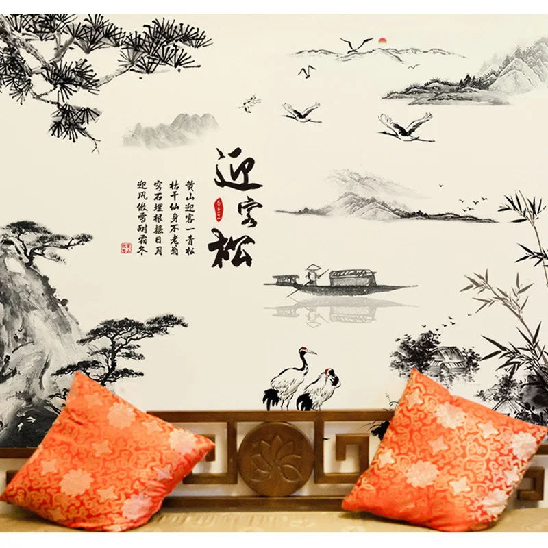 

Chinese Style Wallpaper Landscape Welcome Pine TV Background Wall Living Room Decoration Waterproof Removable Wall Stickers
