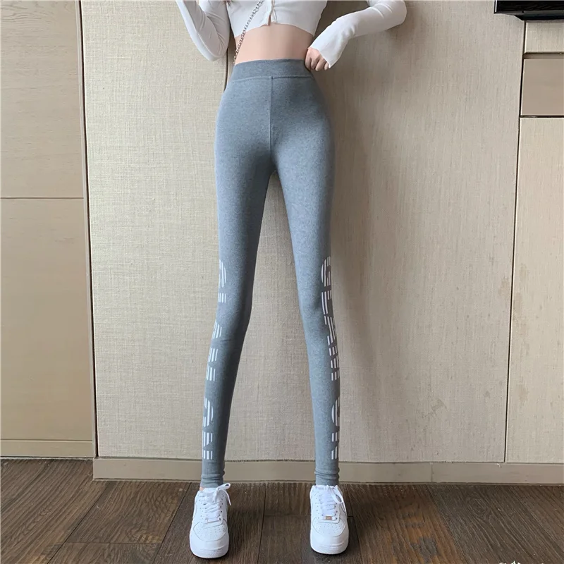 

POUNGDUDU 2021 Spring Women Leggings For Girl Sweatpants Woman Pants Cotton Tight Fitness Dance Letter Strip Elastic High Waist