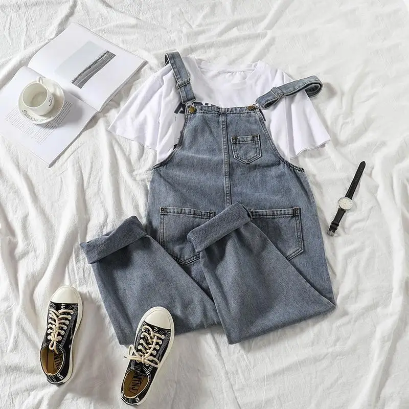 Комбинезоны женские джинсовые синие свободные прямые комбинезоны в Корейском