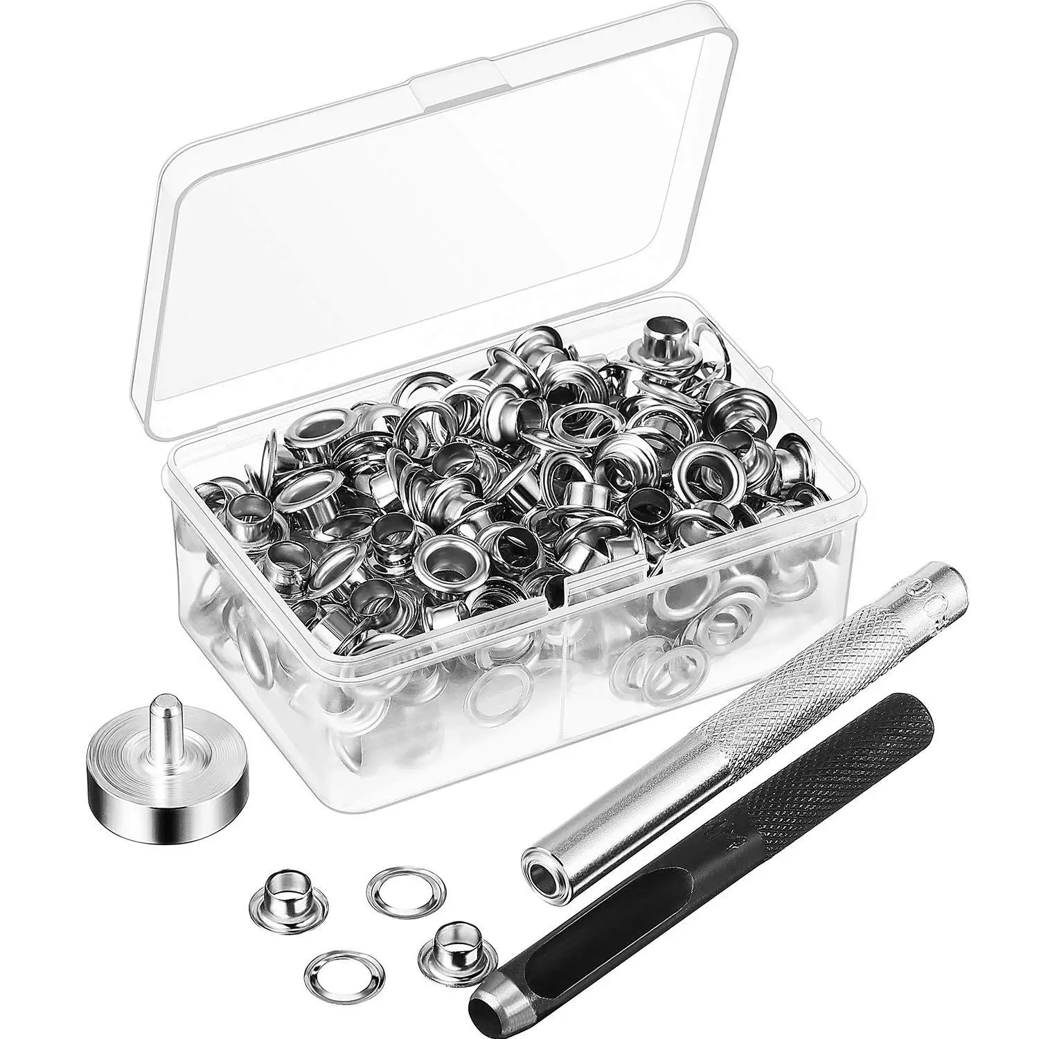 silvery 100 Sets Internal Diameter of 6mm Hole Eyelet And gasket 3 pcs Installation Tool garment accessories Q-037