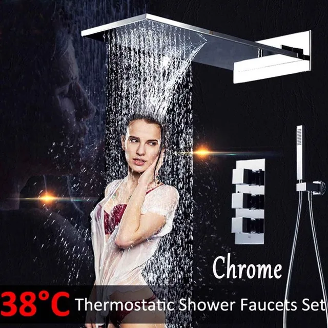 Chrome Черная термостатическая ванная душевая система Водопад осадков Душевая Головка 3 ручки термостатический набор для ванной - Цвет: Chrome