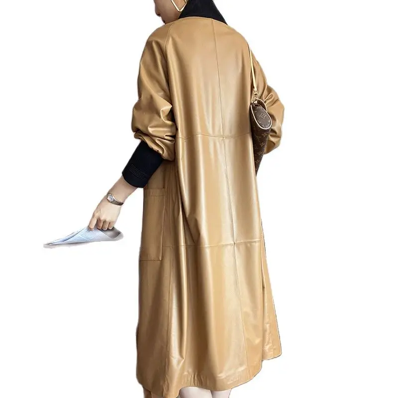 Chaqueta de cuero auténtico para mujer, abrigo largo de piel de oveja, versión coreana, venta al por mayor, 2021