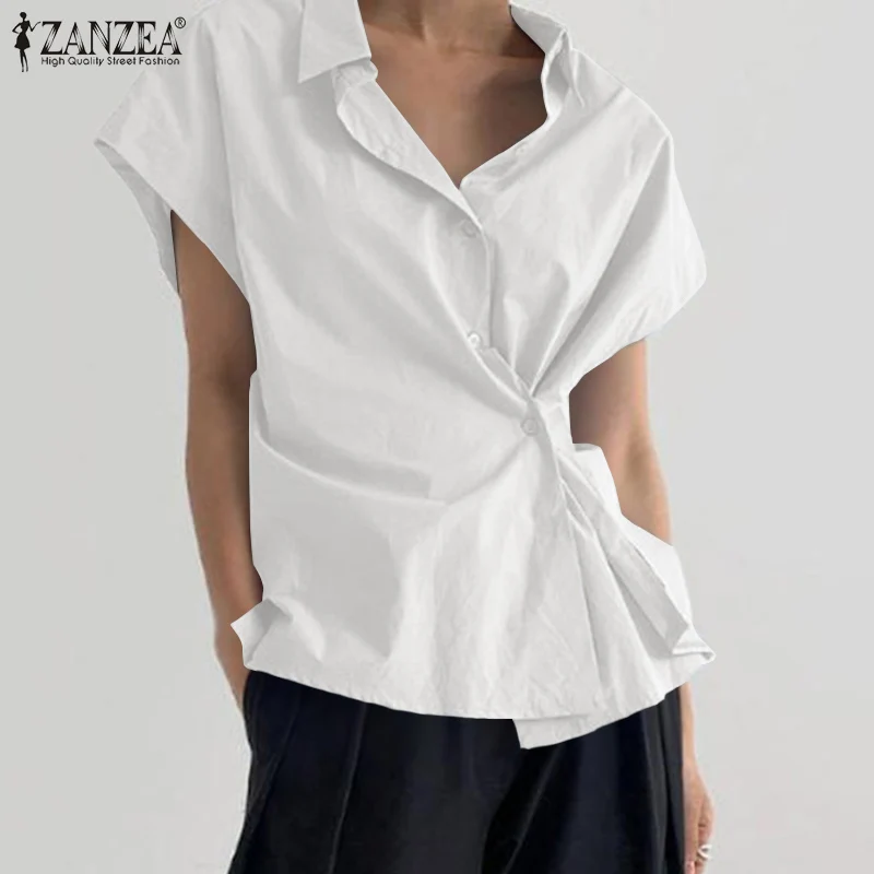 

Women Irregular Blouse ZANZEA 2022 Stylish Solid Shirt Casual Short Sleeve Blusas Female Laple Button Tunic Oversize Chemise Top