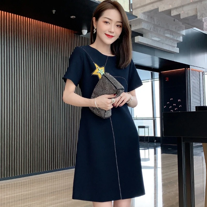 

2021 New Spring Summer Fashion Designers Short Sleeve Solid Beading Party Casual Office Dress Women Robe Festa