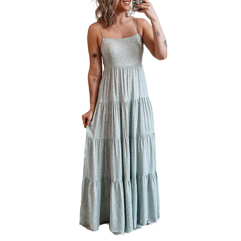 

Sling dress 2021 summer new casual pleated long skirt new printed cake dress