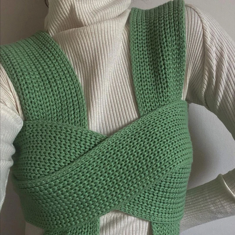 

Spring and Autumn Knitted Crop Tops Sweaters Sleeveless Pullover Female Bandage Sweater Solid Chic Fashion Top Women