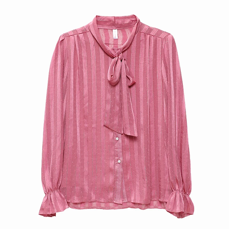 

New Office Lady Spring Vintage Striped Blouses Women Lace-up Bow Flare Long Sleeve Slim White Shirts Tops Elegant Blusas Clothes