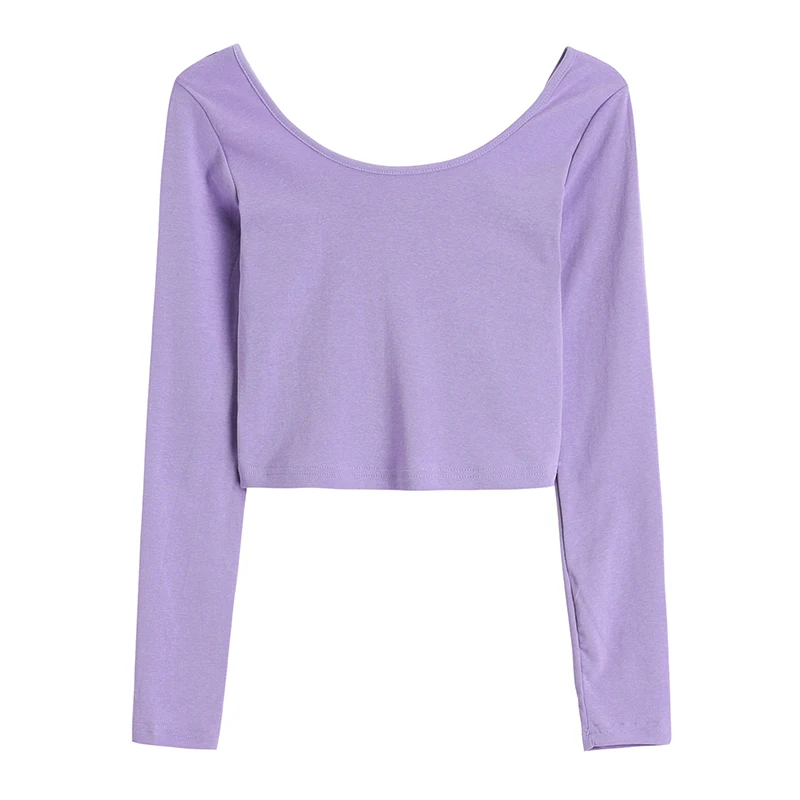 

All Match Slim Fit Solid Women's T-shirt Spring Summer O Neck Long Sleeve Office Lady Short Tops Simple Casual Moda Crop Top