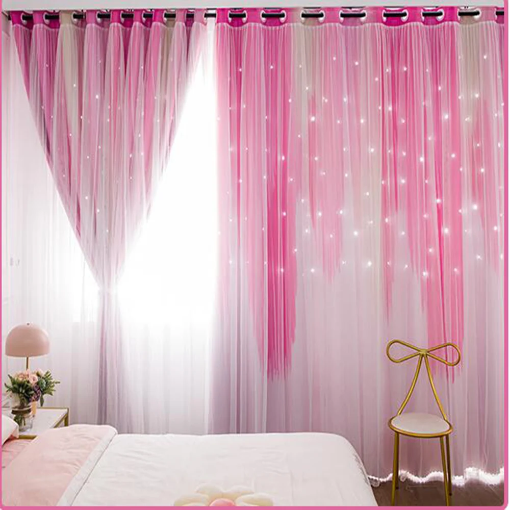 

Fashion Double Pink Princess Curtains Hollow Stars Lace Curtain for Living Room Bedroom Blackout Drapes With White Tulle