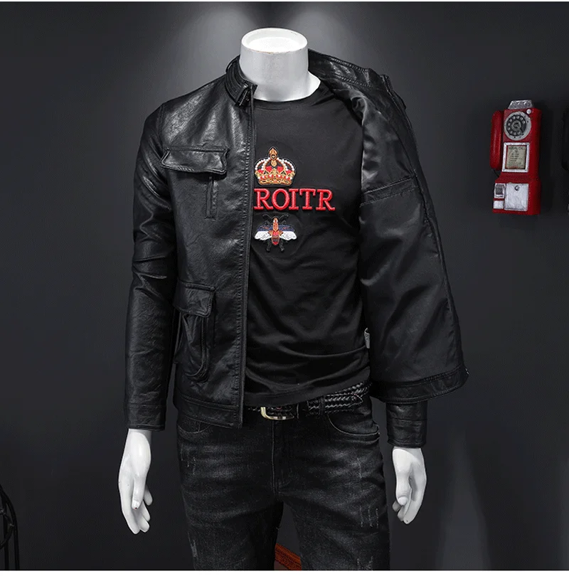 Мужская кожаная куртка винтажная повседневная из искусственной кожи с карманами