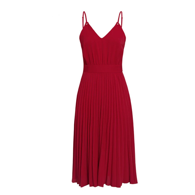 

Elegant Midi retro Dress Women's 2021 New Solid Color V-neck Lace-up Waist Slimming over-the-Knee Pleated Dress Office Lady