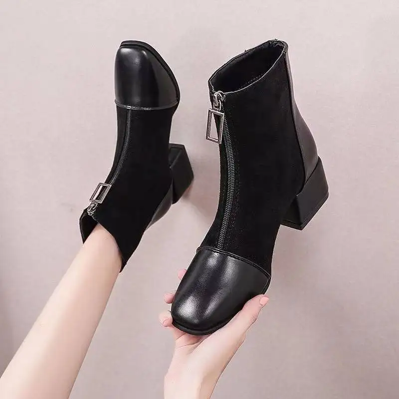 

Женские ботильоны на среднем каблуке, теплые ботинки-лодочки на молнии, повседневные ботинки для снега, 2021