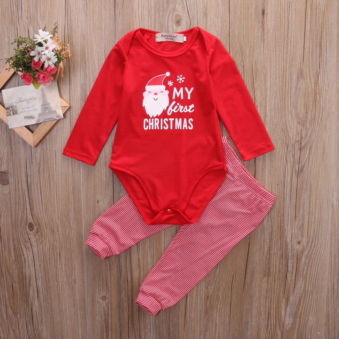 Pelele de Navidad para beb&eacute;s reci&eacute;n nacidos, ni&ntilde;os y ni&ntilde;as con letras, pantalones largos a rayas, conjunto de ropa, atuendos de oto&ntilde;o con sombrero encantador-1