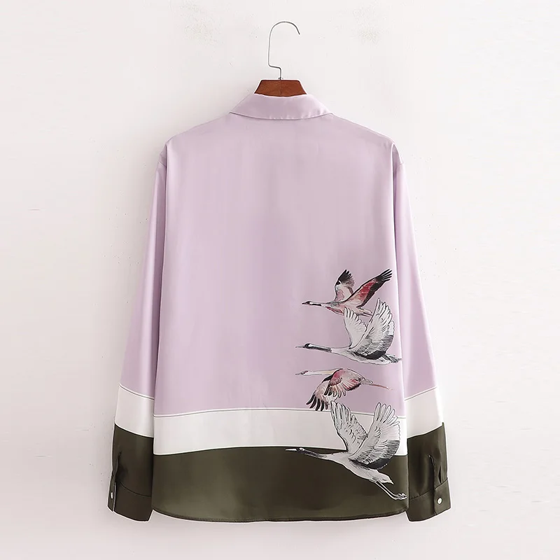 

YNZZU Crane Print 2020 New Elegant Women Blouses Shirt Turn Down Collar Long Sleeve Single Breasted Female Tosp AT669
