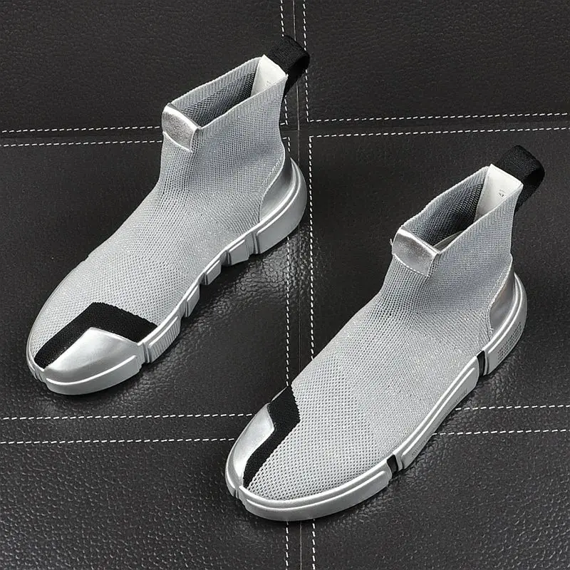 Мужские сетчатые кроссовки черные дышащие с высоким верхом на толстой подошве