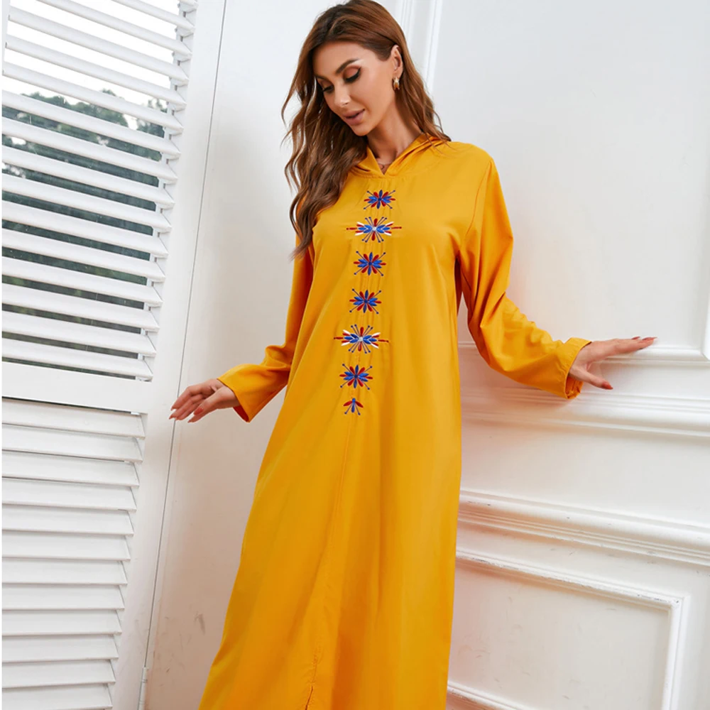 2022 желтые длинные платья, повседневная абайя, модная женская одежда из Турции и Дубая, мусульманская юбка с капюшоном и шляпой, кафтан с выши...