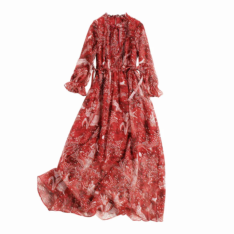 

2020 Red Chiffon Skirt Office Lady Butterfly Sleeve Print Bottom Clothing Fall Ruffles Collar Lace Up Nipped Waist Long Dress