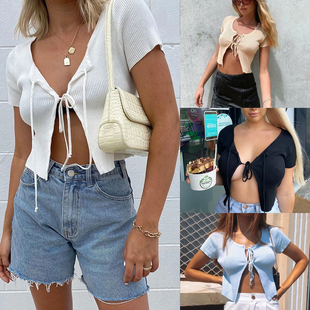 Новинка 2020 Женская Сексуальная Блузка с коротким рукавом и завязками спереди