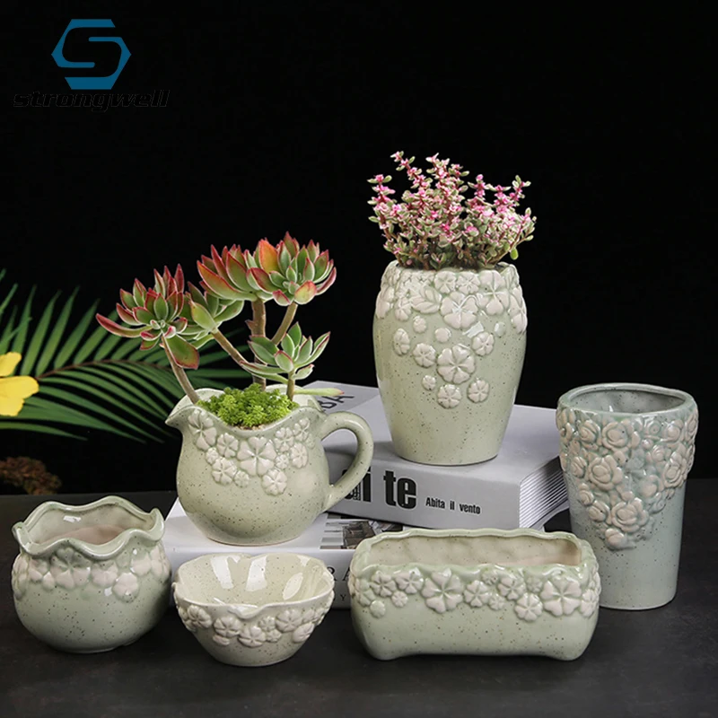 

Strongwell Home Garden Succulent Ceramic Flower Pot Vintage Green Plant Potted Desktop Art Ornament Creative Gardening Planter