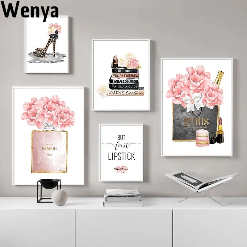 

Makeup Fashion Poster Print Perfume Bag Leopard Shoes Canvas Painting Trendy Artwork Picture Beauty Salon Girls Room Decoration