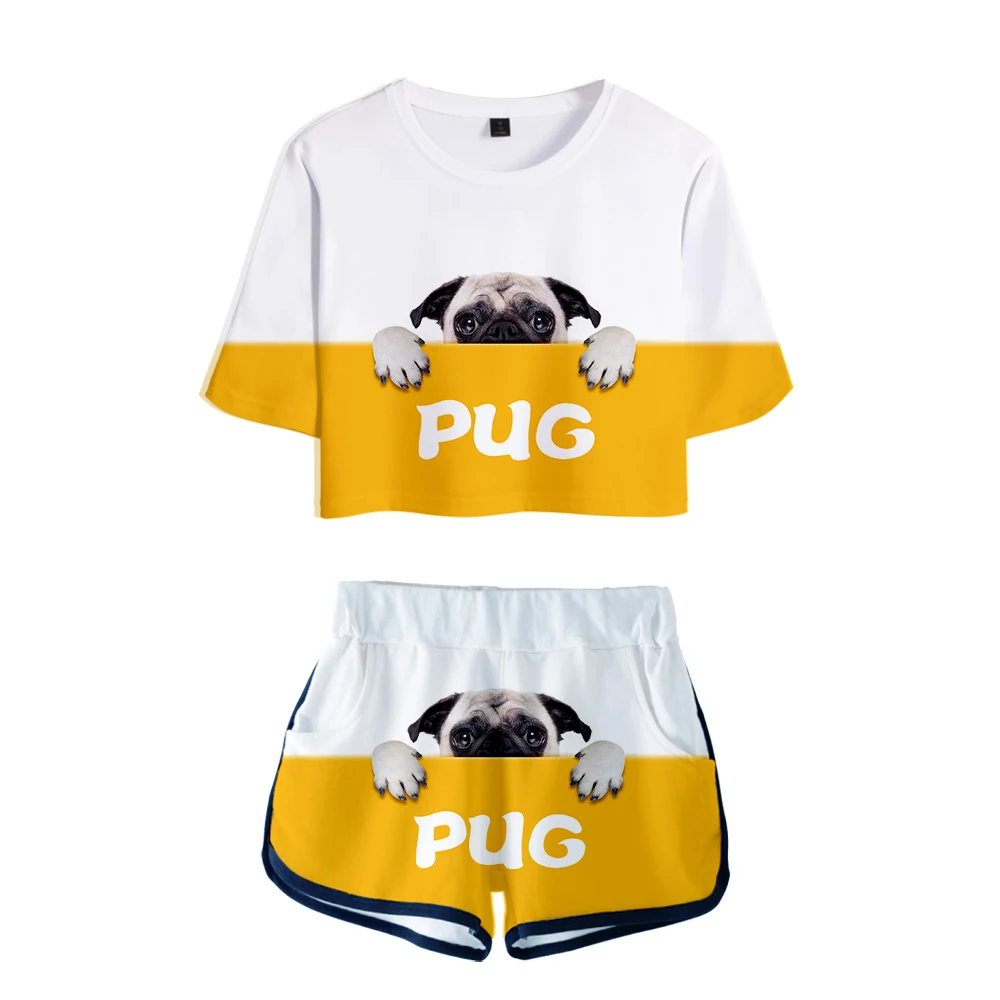 

Женский комплект из двух предметов, летняя футболка с 3D изображением мопса, с открытым пупком и шорты, повседневный желтый и белый костюм с и...